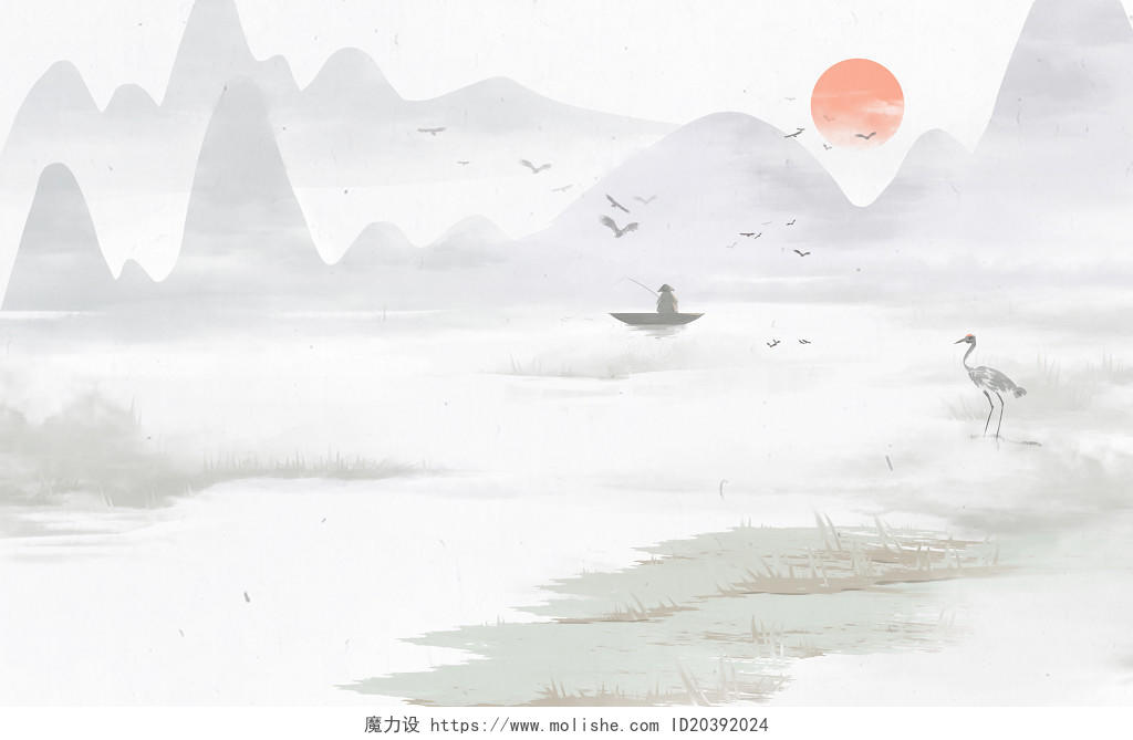 中国风风景原创水墨山水插画背景